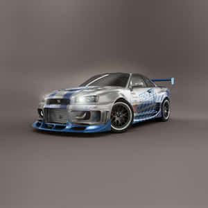 銀色和藍色的日產Skyline GT-R賽車，帶有空氣動力學套件和贊助商貼紙，在工作室中。