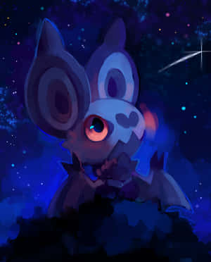 一隻卡通蝙蝠在繁星點點的夜空中發光的眼睛和流星。 — 藍天 壁紙
