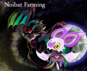 兩隻寶可夢 Noibat 和 Noivern 在繁星點點的夜空中飛翔，伴隨著一輪發光的月亮。 — 月色夜空 壁紙