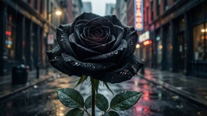 一朵黑玫瑰，濕葉上帶有水珠，佇立在雨夜的街道上，周圍是發光的霓虹招牌。