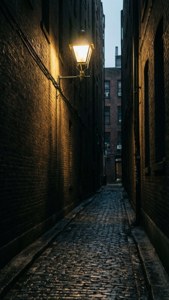 黃昏時分，磚建築之間一條狹窄的鵝卵石小巷被一盞復古街燈照亮。
