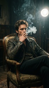 一個穿著皮褸的男人在黑暗的房間裡抽煙，煙霧盤旋。