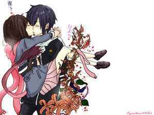 動漫情侶接吻，櫻花和百合從他們的擁抱中迸發。