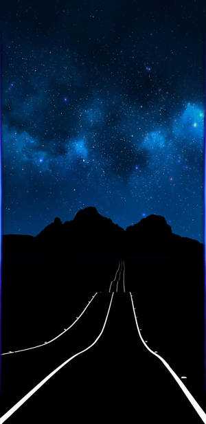一條發光的道路通向山脈，在星空夜空下，有宇宙雲層。