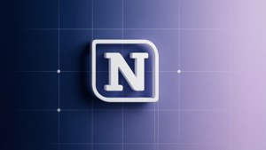 白色3D字母N在圓角方形中，置於藍紫漸變網格背景上。