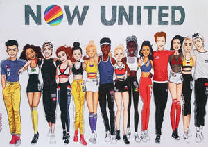 一群不同年輕運動員穿著國家主題運動服，站在NOW UNITED橫幅下。
