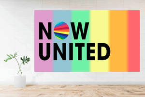 彩虹條紋牆上，有粗體文字 NOW UNITED 和附近的盆栽植物。