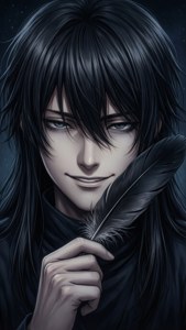 長黑髮的動漫男子在星空下拿著黑色羽毛