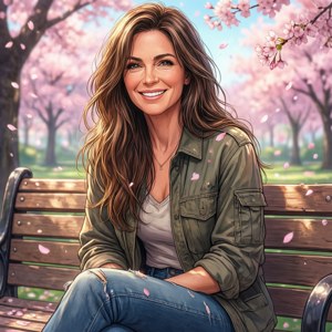 女性在公園長椅上微笑，櫻花樹下花瓣飄落 — Pixel Watch 4 壁紙