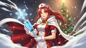 一位穿著紅白節日服裝的護士，在雪中的聖誕樹旁手持一支發光的注射器，噴出雪花。