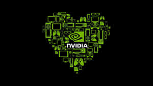 由科技圖標組成的綠色心形，中間有 NVIDIA 標誌。