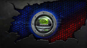 Nvidia GeForce GTX 650 標誌突破帶有六角形網格背景的牆壁。