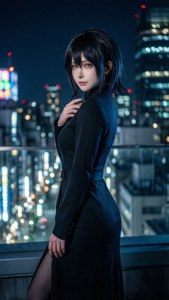 夜晚城市屋頂上穿黑色連衣裙的女性，身後有閃爍的燈光