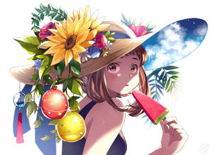 戴花帽的動漫女孩在陽光明媚的日子裡吃西瓜冰棒。 — 夏日風格 壁紙