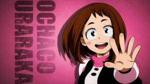 動漫角色 Ochaco Uraraka 在粉紅色背景上帶著燦爛的笑容揮手。 — 角落生物 壁紙