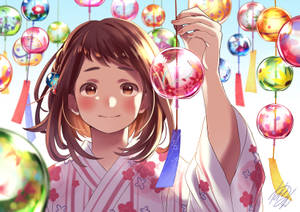 穿著和服的動漫女孩，被彩色燈籠包圍，手持發光燈籠。 — 日本龍動畫 壁紙