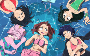 五個動畫女孩穿著泳衣在泳池的水底漂浮。 — 可愛動漫女仔 壁紙