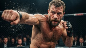 一位赤裸上身的拳手在MMA籠中揮拳，汗水飛濺。