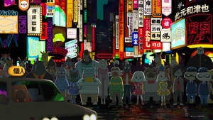 動漫角色站在夜晚繁忙的霓虹燈東京街道上。 — 動漫城市 壁紙
