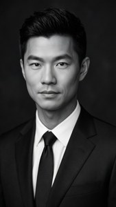 一個穿著西裝打領帶的男人在攝影棚肖像中看著相機。
