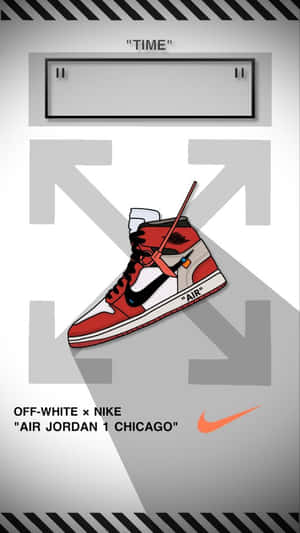 Off White x Nike Air Jordan 1 Chicago 運動鞋，灰色背景上帶有幾何箭頭和文字。