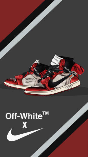 紅色、白色和黑色的 Off-White x Nike Air Jordan 1 運動鞋，帶有對角線條紋背景。