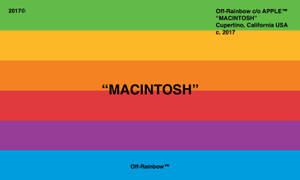 鮮豔的彩虹條紋，中央有粗體文字 MACINTOSH 在設計上。