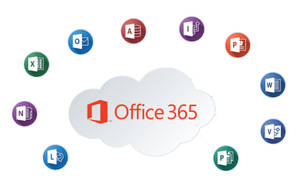Office 365 雲端標誌及周圍的應用程式圖示。