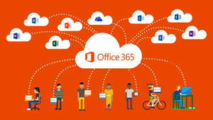 人們在不同裝置上使用 Office 365 應用程式，並連接到雲端圖示。