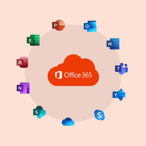 Office 365 雲端與周圍的應用程式圖示在蜜桃色背景上。