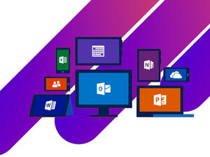 在紫色漸變背景上顯示 Microsoft Office 應用程式的數位裝置。
