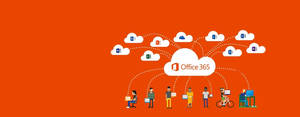 人們透過橙色背景上的雲端圖示存取 Office 365 應用程式。