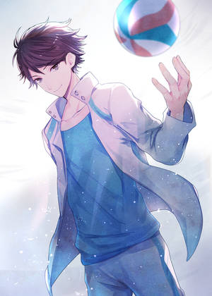 藍色服裝的動漫男孩在閃爍背景上平衡排球。