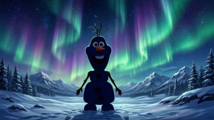 一個卡通雪人在夜晚的雪山森林中，在五彩繽紛的北極光下微笑。