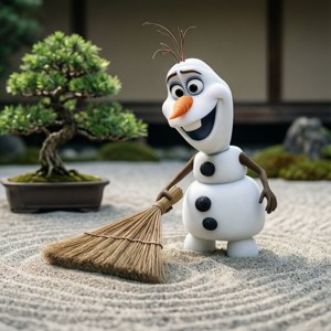 雪人在日本花園裡掃沙子，旁邊有盆景樹