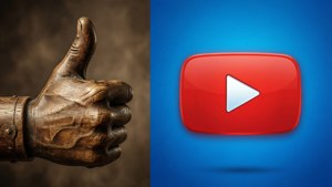 青銅雕像的手在YouTube播放按鈕圖標旁邊豎起大拇指。
