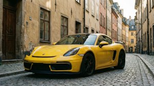 黃色保時捷Cayman GT4停泊在狹窄的鵝卵石街道上，旁邊有歷史建築。