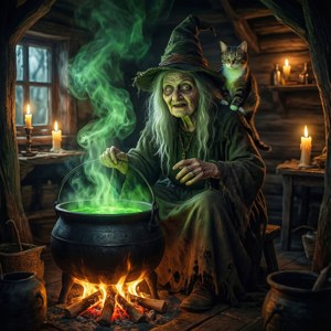 女巫在燭光小屋中攪拌發光綠色藥水，肩上站著貓。