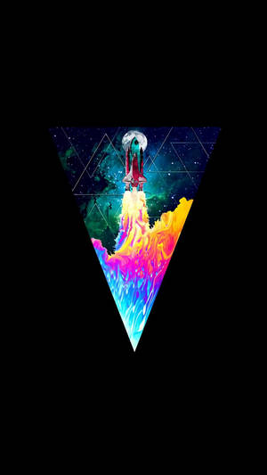 火箭從彩虹山升空，進入三角形框架內的星空。