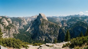 Half Dome 山峰被森林和岩石地形環繞，在晴朗的藍天下