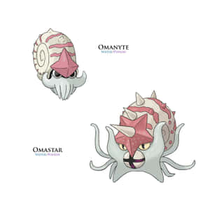 Omanyte 和 Omastar 寶可夢，擁有螺旋殼和粉紅色海星頂部。