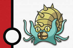 一隻帶有金色外殼的藍綠色章魚，旁邊有一個精靈球標誌。