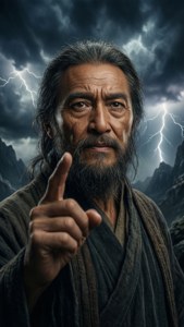 一位留鬍鬚的長者身穿深色長袍，在暴風雨的山脈和閃電中指向觀眾。