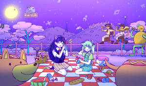 兩個動漫女孩在紫色星空下享受野餐，有漂浮的行星和頑皮的生物。