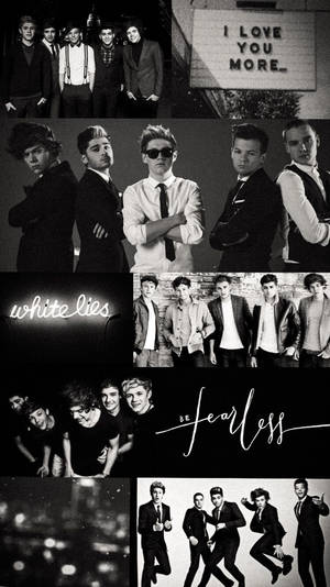 One Direction 樂隊的黑白照片拼貼畫，帶有文字疊加。 — 美學拼貼 壁紙