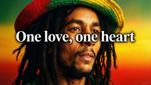 有辮子頭和彩色帽子的男人，在日落背景下，文字 one love one heart