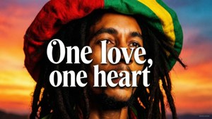 留著辮子、戴著彩色貝雷帽的男人仰望日落，文字 one love one heart