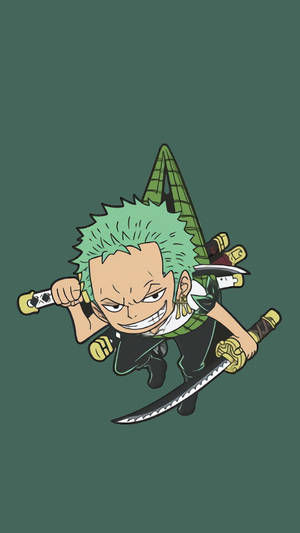 《ONE PIECE》嘅Q版索隆以動態姿勢揸住三把刀。
