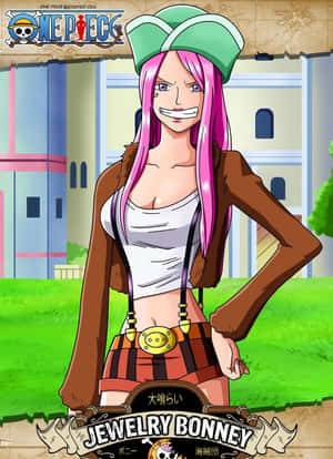 《One Piece》動畫中的珠寶·波妮，粉紅色頭髮，戴著綠色帽子，站在戶外。 — 搞笑美學 壁紙