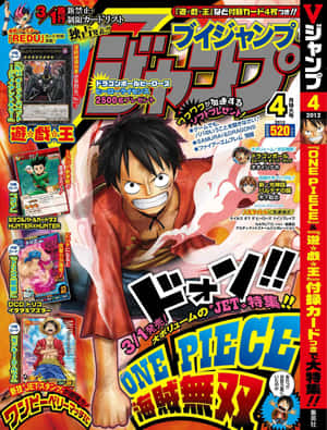 《ONE PIECE》漫畫封面，路飛身穿紅色外套，配有日文字句和集換式卡片廣告。 — iPad Pro 13 壁紙
